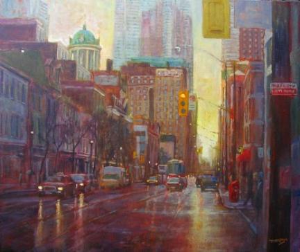 La Cuppola - Urban street scene- King Street, Toronto - Original Oil painting by Dermot McKeown